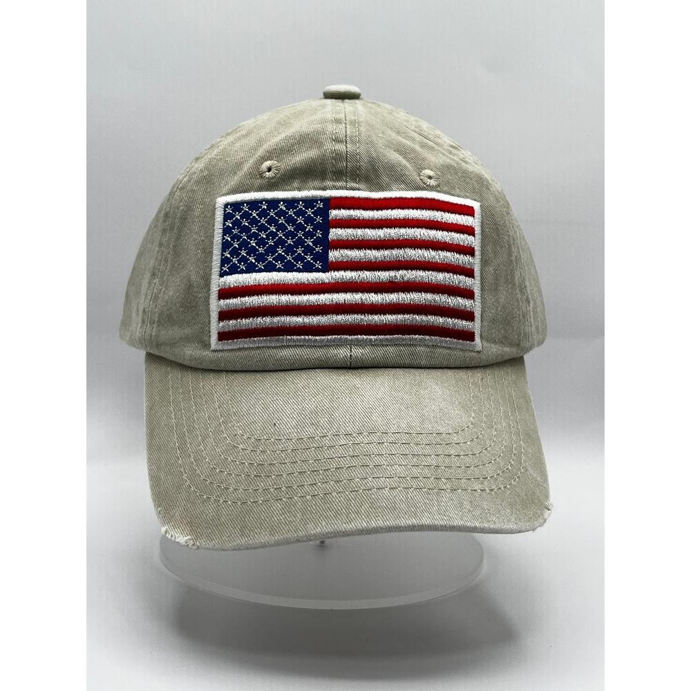 Fabric Washed US Flag Hat Khaki Made in USA Adjustable Dad Cap vintage style New - Picture 2 of 7